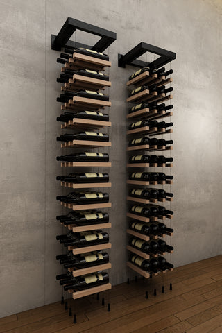 36 bottles three column label or cork forward wall mounted BUOYANT® cable wine rack (matte black hardware)