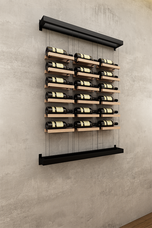 Three column above counter BUOYANT® wine cable wine rack with top and