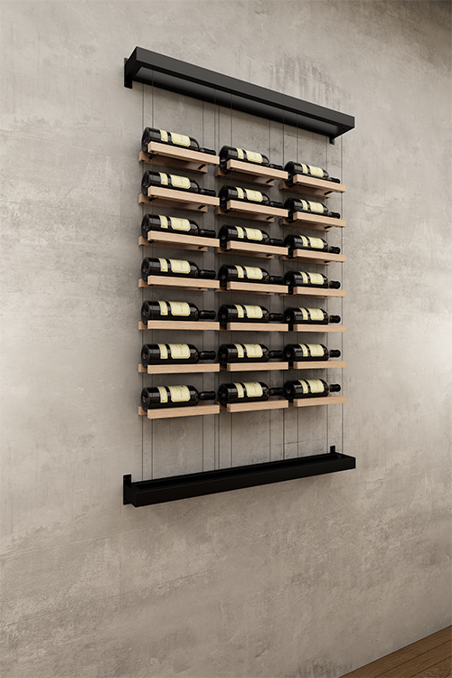Three column above counter BUOYANT® wine cable wine rack with top and bottom wall mount