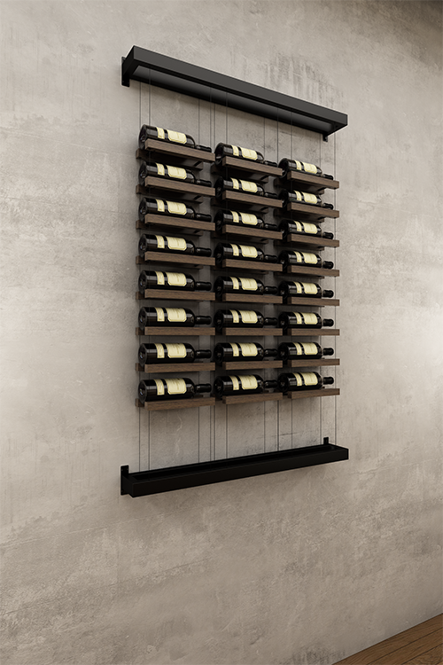 Three column above counter BUOYANT® wine cable wine rack with top and bottom wall mount