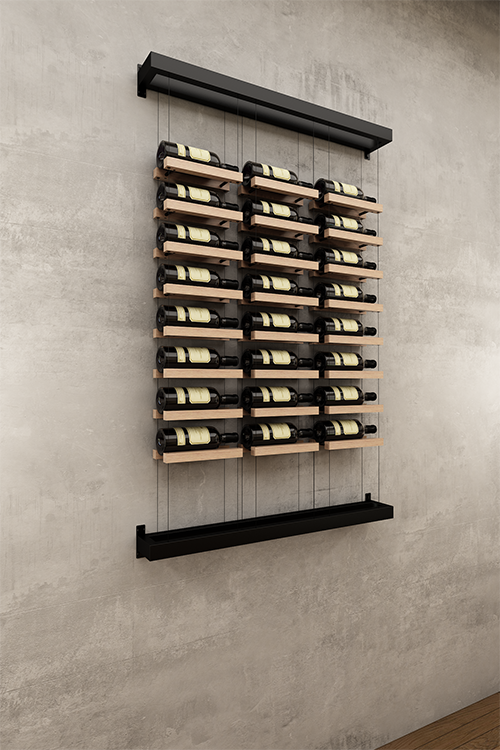 Three column above counter BUOYANT® wine cable wine rack with top and bottom wall mount