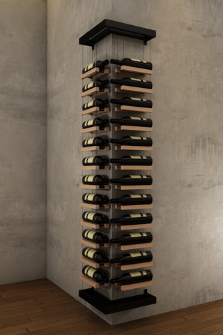 24 bottles double column one bottle deep outside corner wall mounted BUOYANT® cable wine rack (matte black hardware)