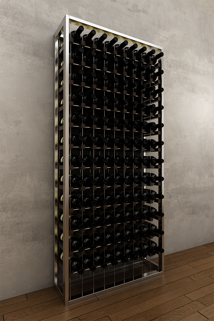 108 bottle BUOYANT® free standing cable wine rack with chrome frame and red oak cradles