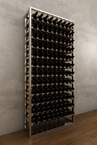 108 bottle BUOYANT® free standing cable wine rack with chrome frame and red oak cradles