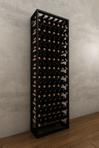 72 bottle BUOYANT® freestanding cable wine rack with matte black frame and red oak cradles