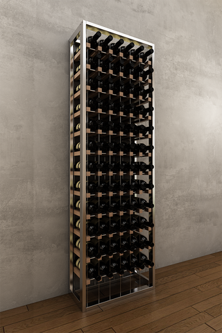 108 bottle BUOYANT® free standing cable wine rack with chrome steel frame and red oak cradles