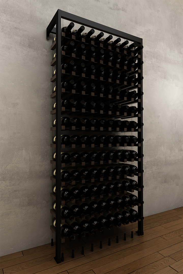 108 bottle BUOYANT® wall to floor cable wine rack with matte black frame and red oak or walnut cradles