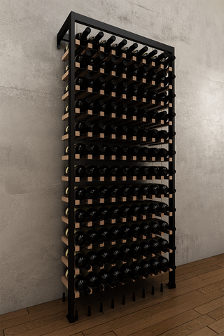 108 bottle BUOYANT® wall to floor cable wine rack with matte black frame and red oak or walnut cradles