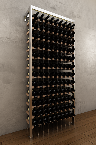 108 bottle BUOYANT® wall to floor cable wine rack with chrome frame and red oak or walnut cradles