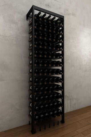 72 bottle BUOYANT® wall to floor cable wine rack with matte black frame and red oak or walnut cradles