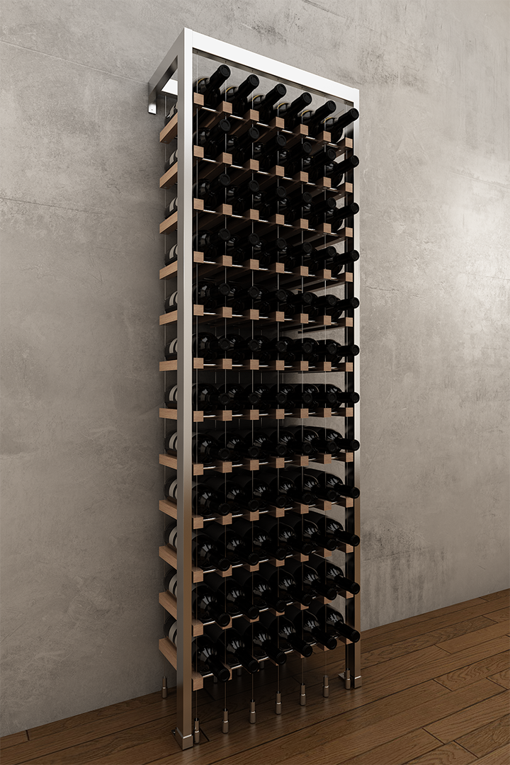 72 bottle BUOYANT® wall to floor cable wine rack with chrome frame and red oak or walnut cradles
