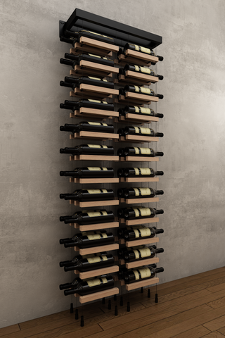 48 bottles double column two bottle deep wall mounted BUOYANT® cable wine rack (matte black hardware)