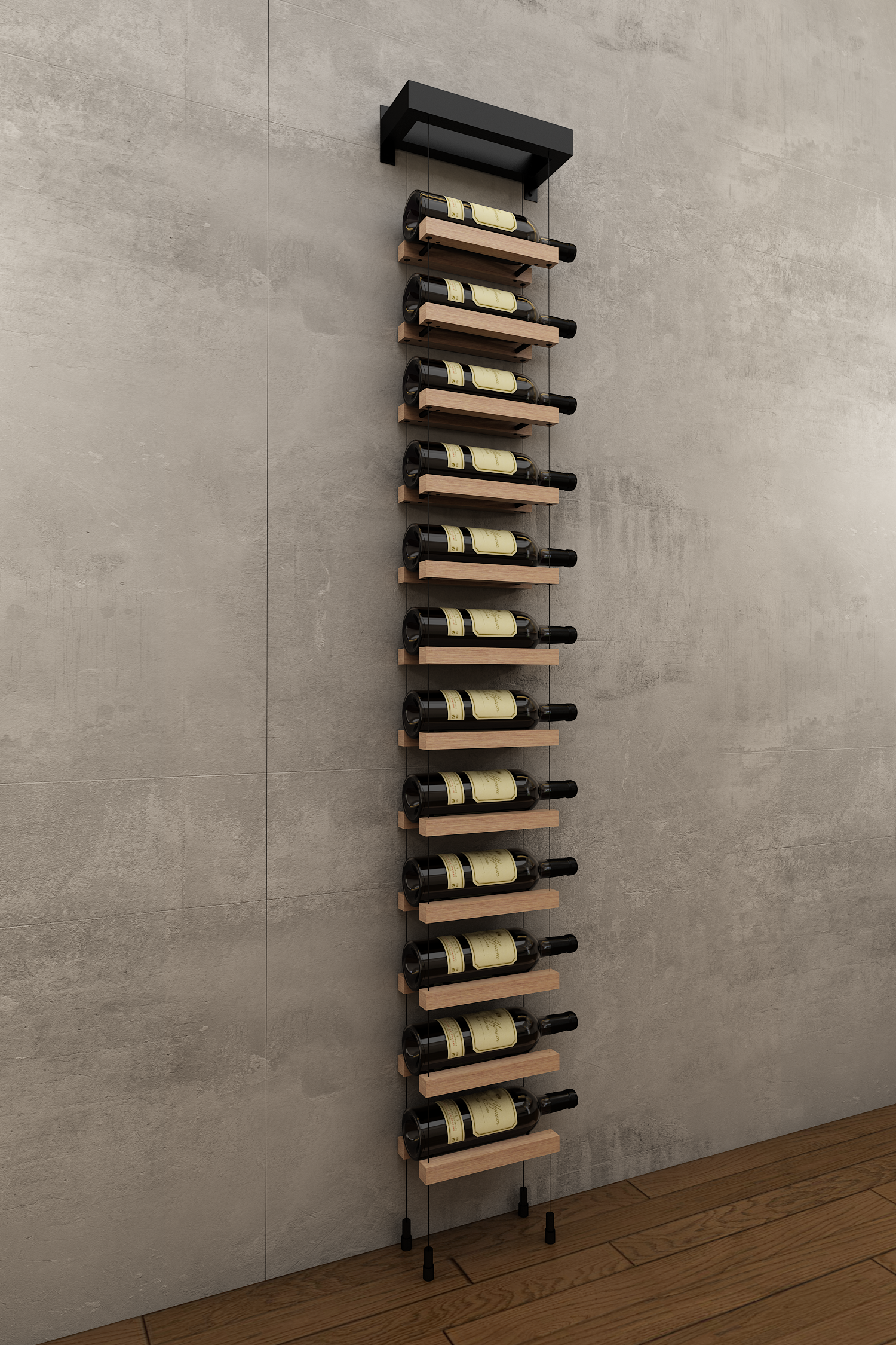 Single column BUOYANT® wall mounted cable wine rack (holds 12 bottles)