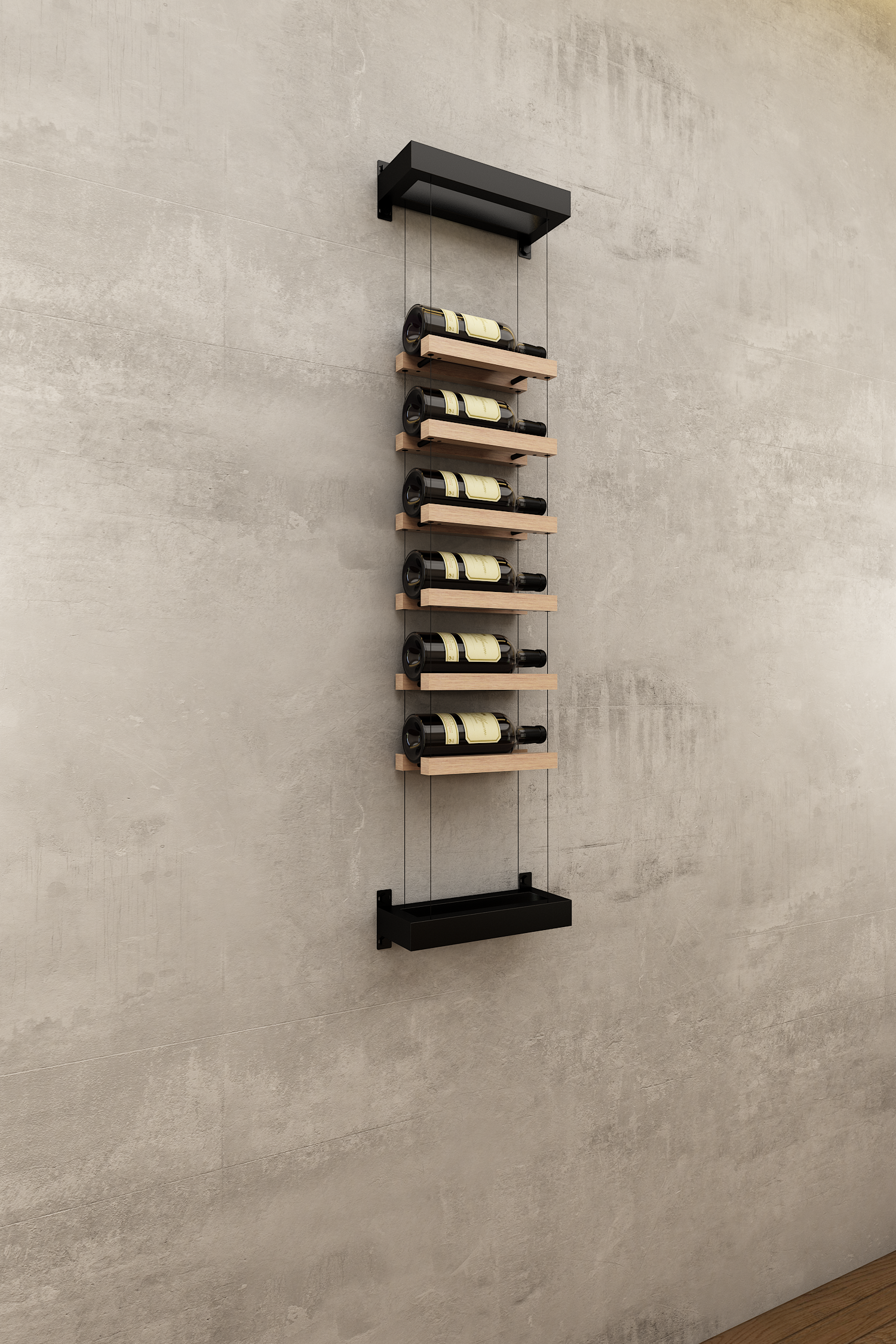 Single column above counter BUOYANT® wine cable wine rack with top and bottom wall mount