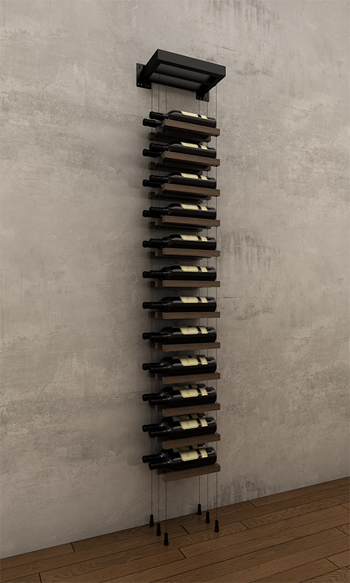 24 bottle single column two bottle deep wall mounted BUOYANT® cable wine rack (matte black hardware)