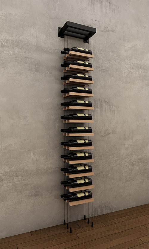 24 bottle single column two bottle deep wall mounted BUOYANT® cable wine rack (matte black hardware)