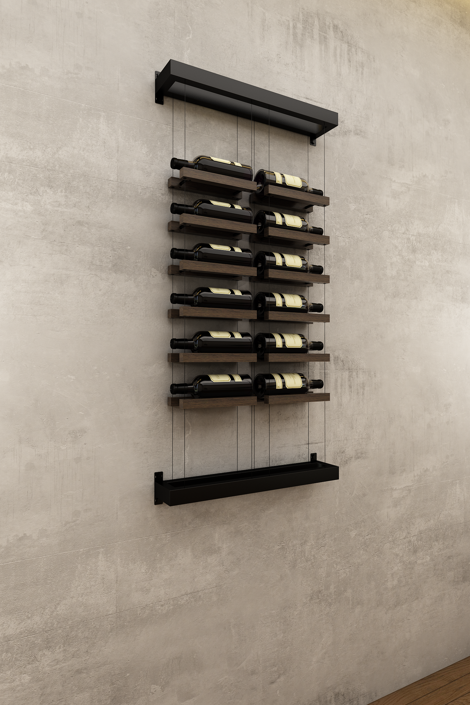 Double column above counter BUOYANT® wine cable wine rack with top and bottom wall mount