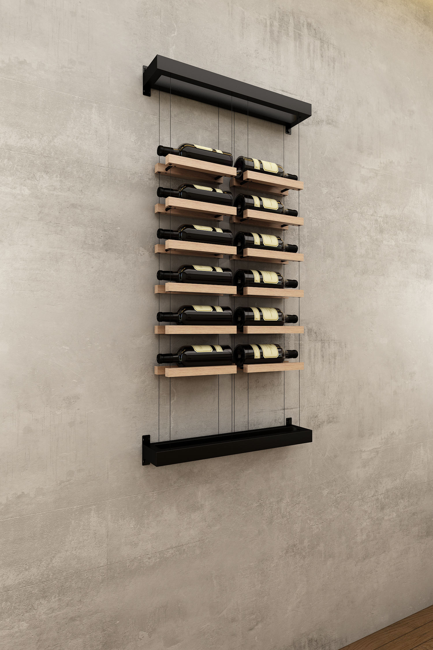 Double column above counter BUOYANT® wine cable wine rack with top and bottom wall mount