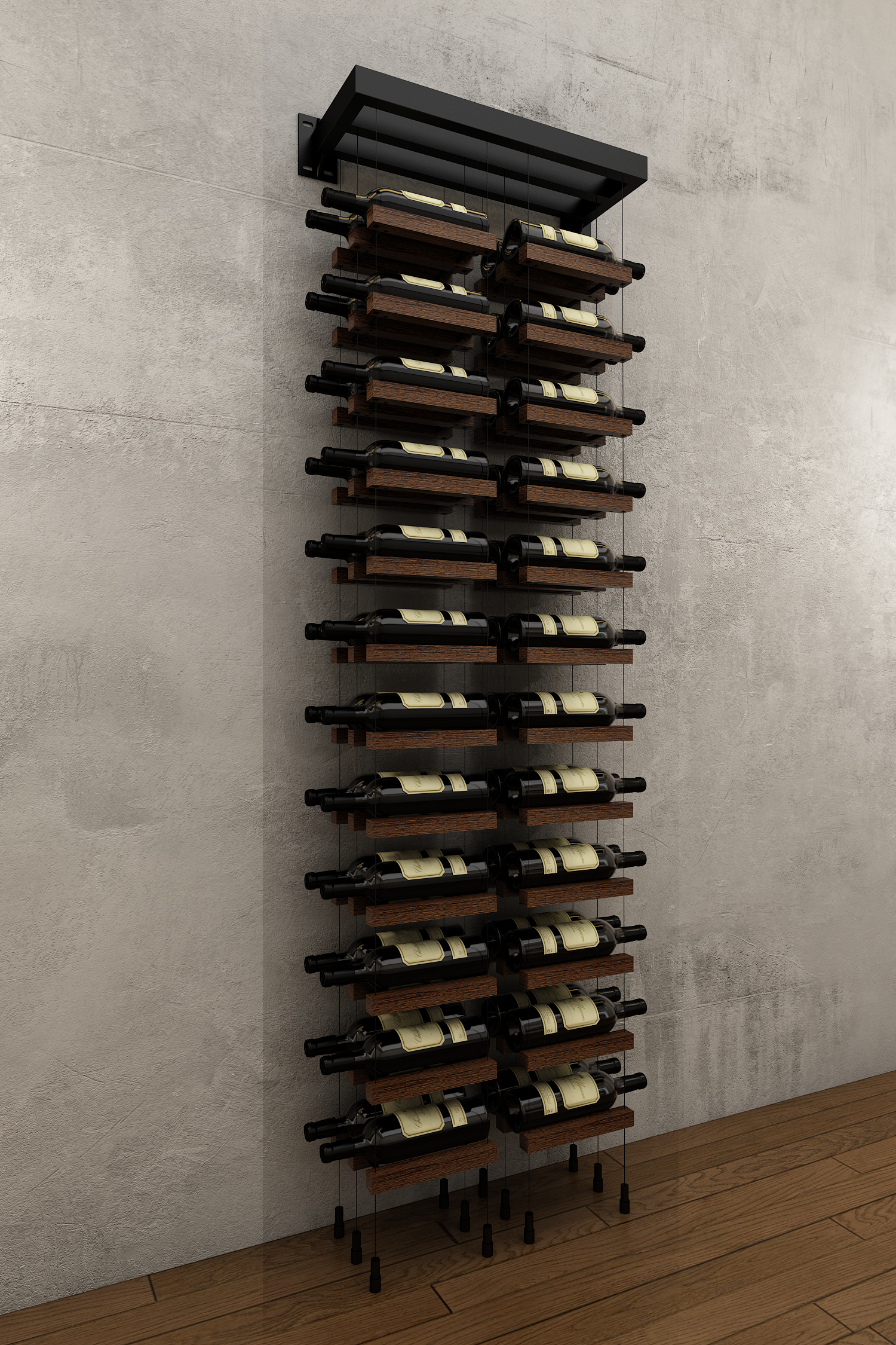 48 bottles double column two bottle deep wall mounted BUOYANT® cable wine rack (matte black hardware)