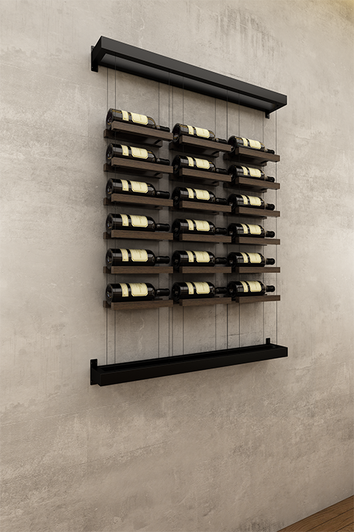 Three column above counter BUOYANT® wine cable wine rack with top and bottom wall mount