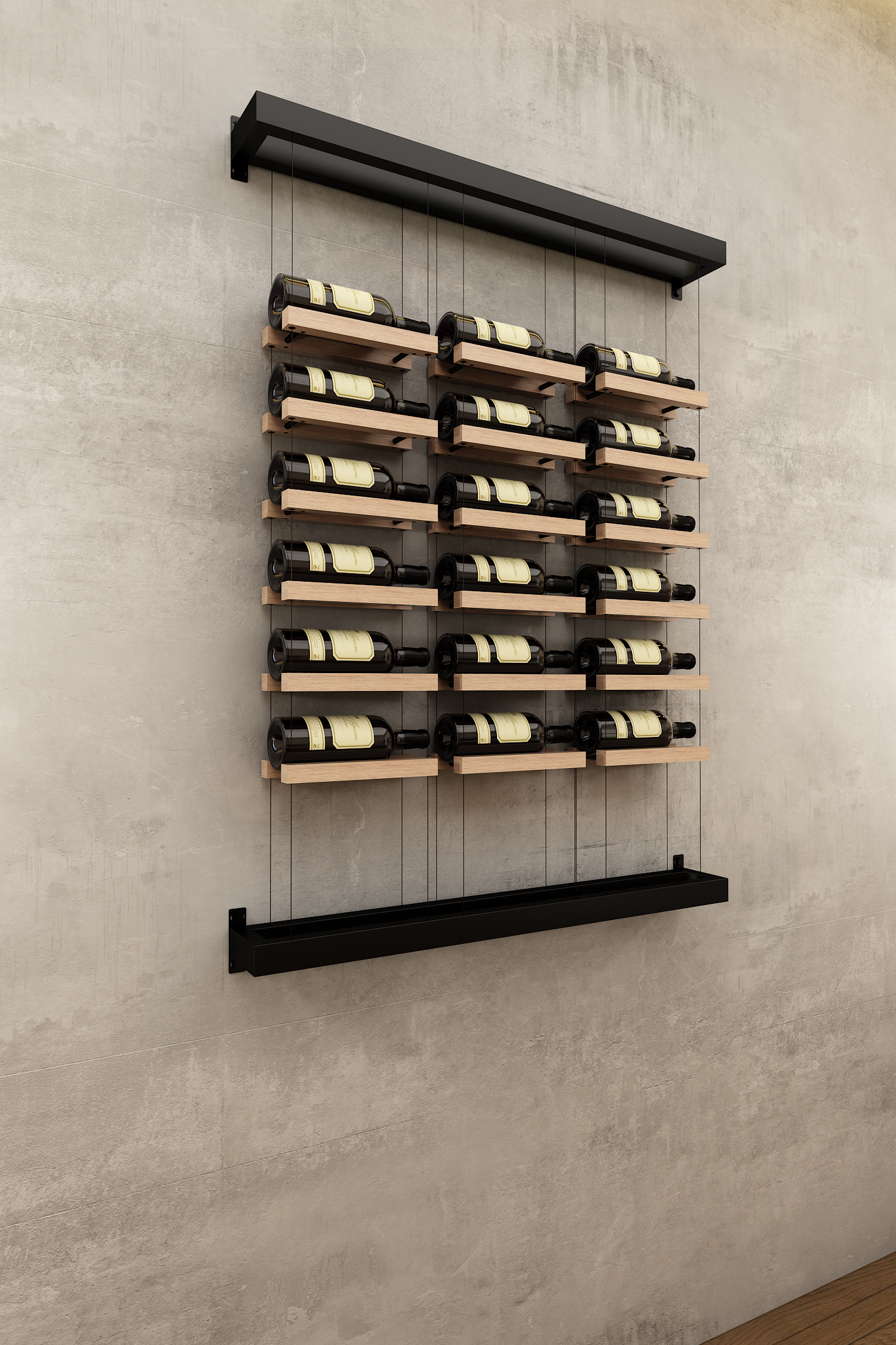 Three column above counter BUOYANT® wine cable wine rack with top and bottom wall mount