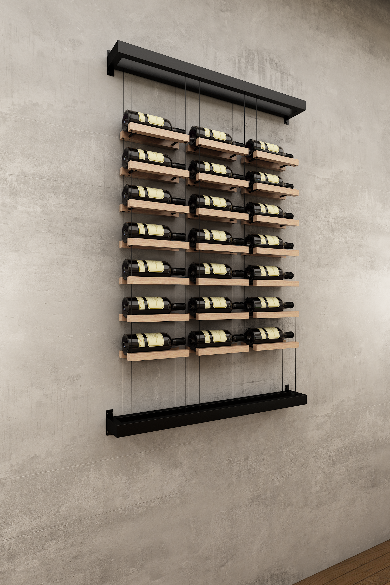 Three column above counter BUOYANT® wine cable wine rack with top and bottom wall mount