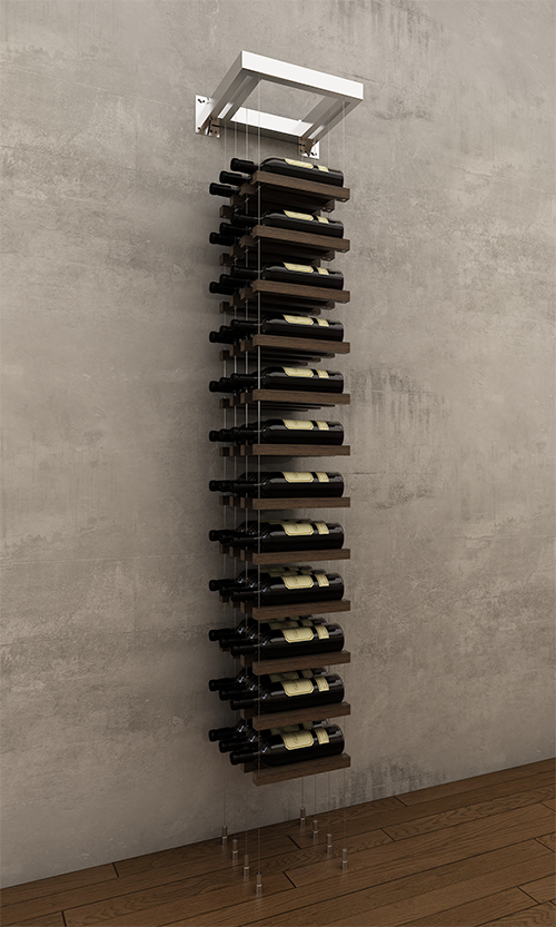 36 bottles three column label or cork forward wall mounted BUOYANT® cable wine rack (chrome hardware)