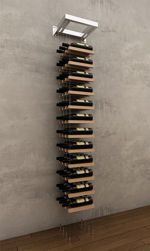 36 bottles three column label or cork forward wall mounted BUOYANT® cable wine rack (chrome hardware)