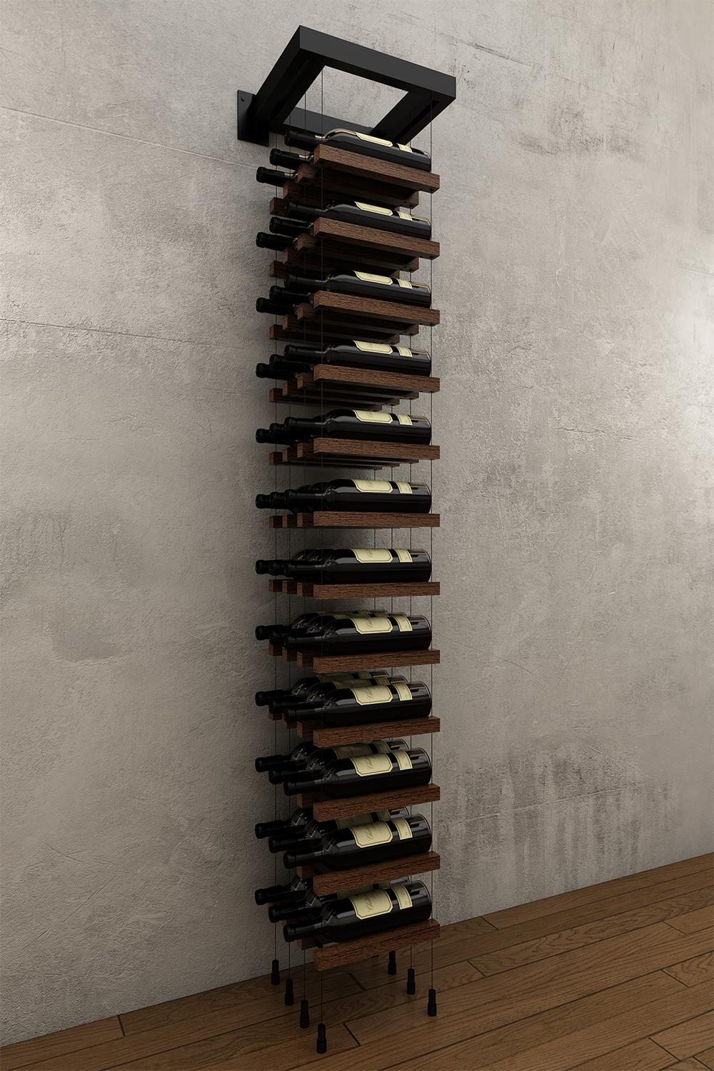 36 bottles three column label or cork forward wall mounted BUOYANT® cable wine rack (matte black hardware)