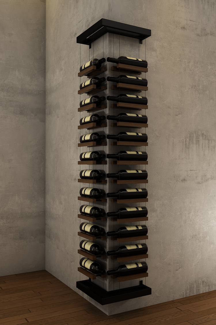 24 bottles double column one bottle deep outside corner wall mounted BUOYANT® cable wine rack (matte black hardware)