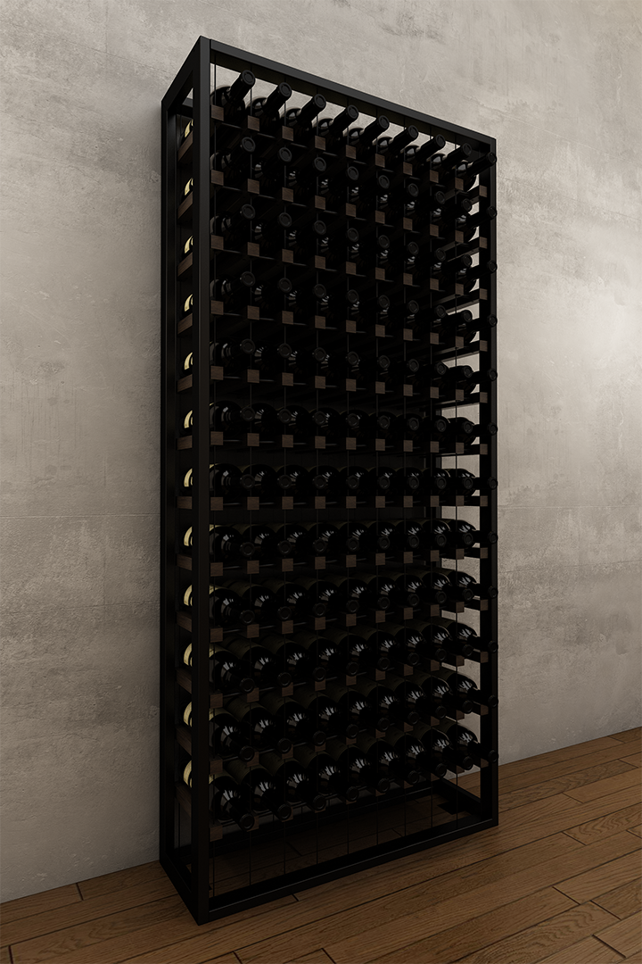 108 bottle BUOYANT® free standing cable wine rack with matte black frame and red oak cradles
