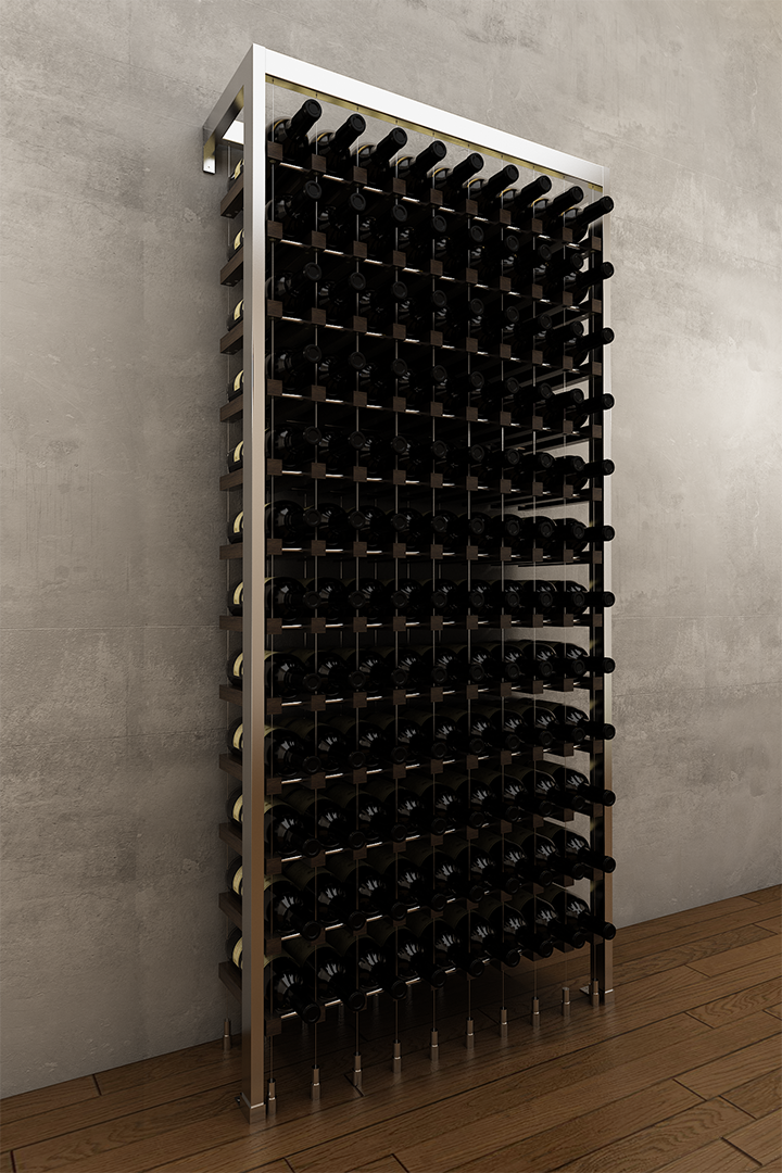 108 bottle BUOYANT® wall to floor cable wine rack with chrome frame and red oak or walnut cradles