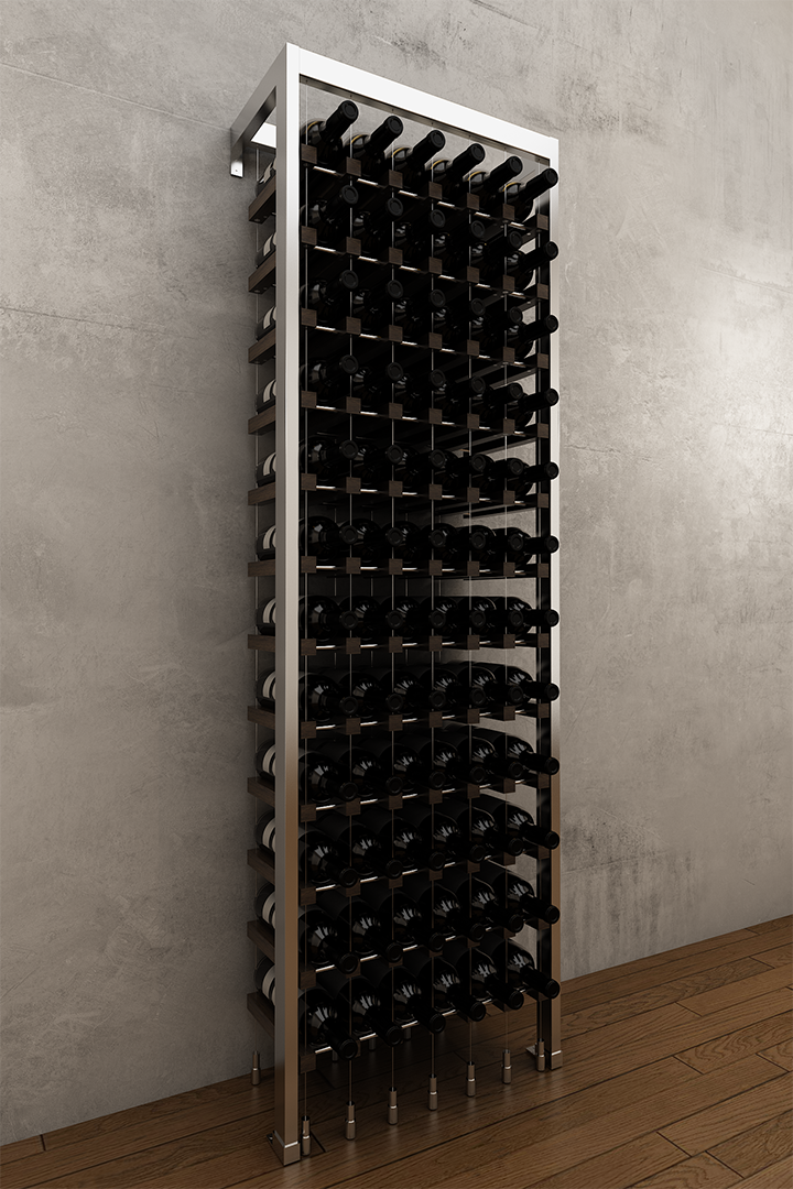 72 bottle BUOYANT® wall to floor cable wine rack with chrome frame and red oak or walnut cradles