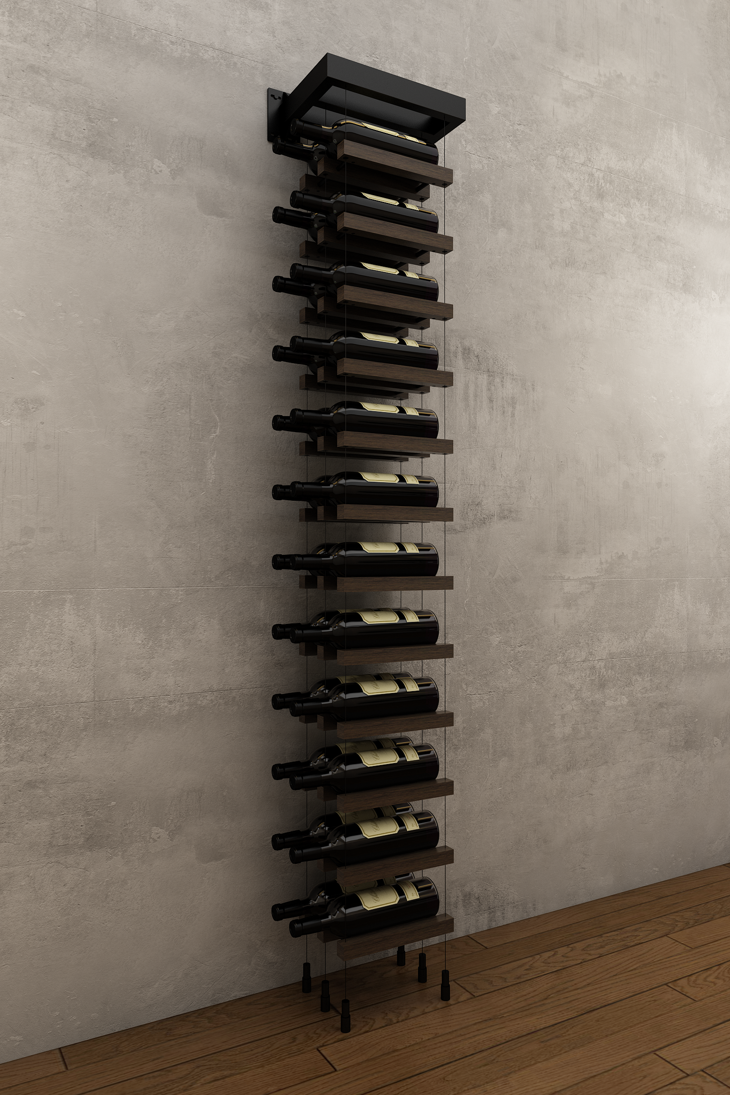 24 bottle single column two bottle deep wall mounted BUOYANT® cable wine rack (matte black hardware)
