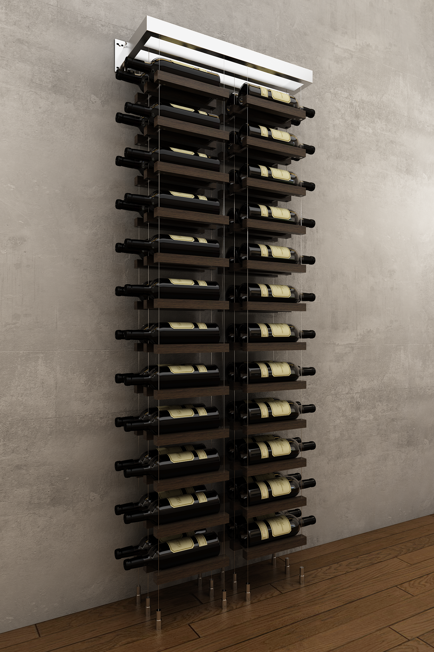 48 bottles double column two bottle deep wall mounted BUOYANT® cable wine rack (chrome hardware)