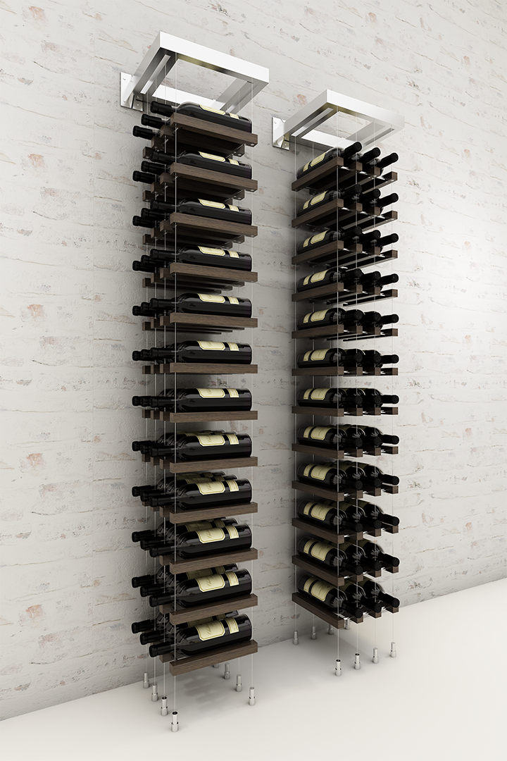 36 bottles three column label or cork forward wall mounted BUOYANT® cable wine rack (chrome hardware)