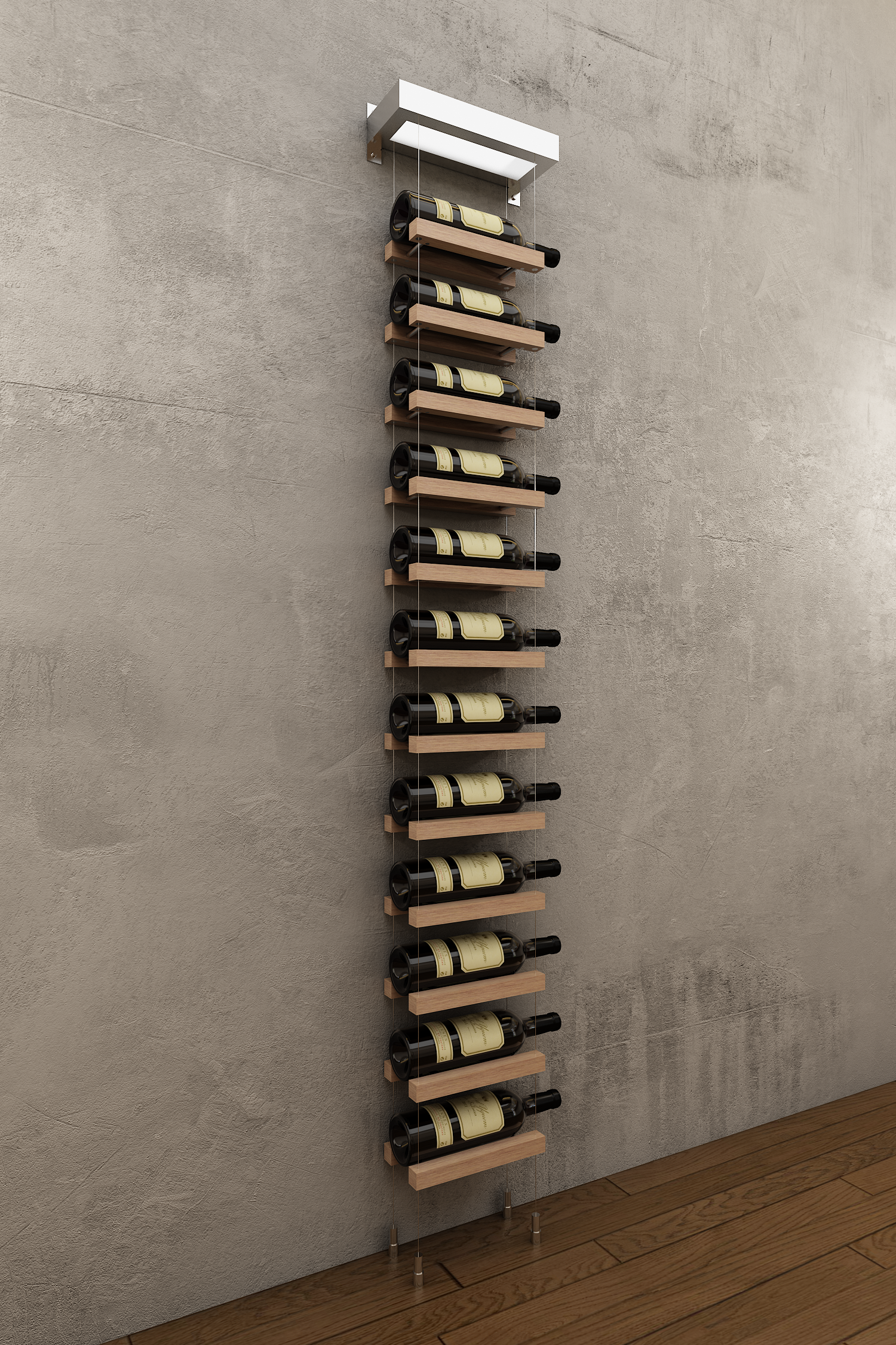 12 bottle single column wall mounted BUOYANT® cable wine rack (chrome hardware)