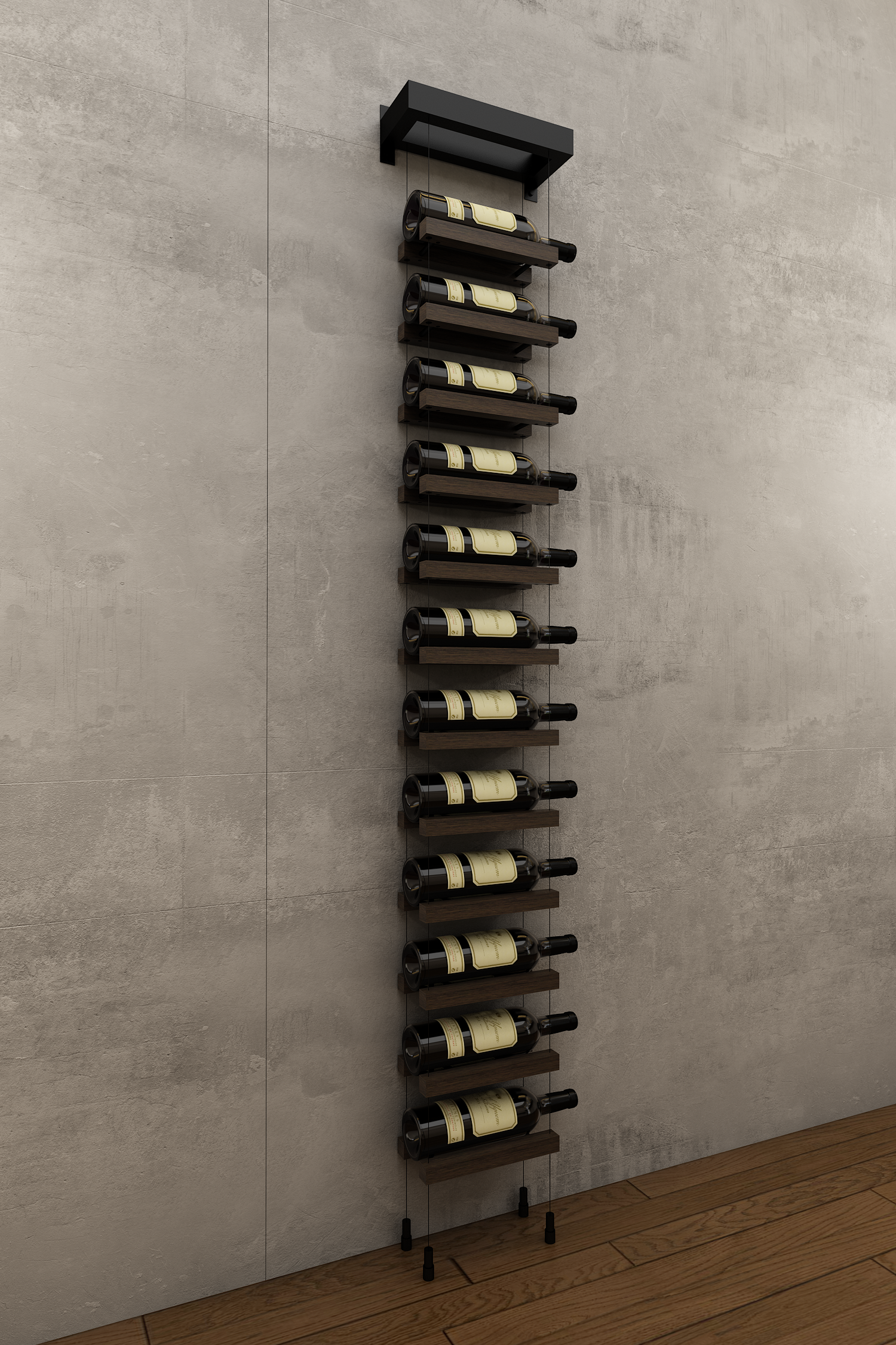 12 bottles single column wall mounted BUOYANT® cable wine rack (matte black hardware)