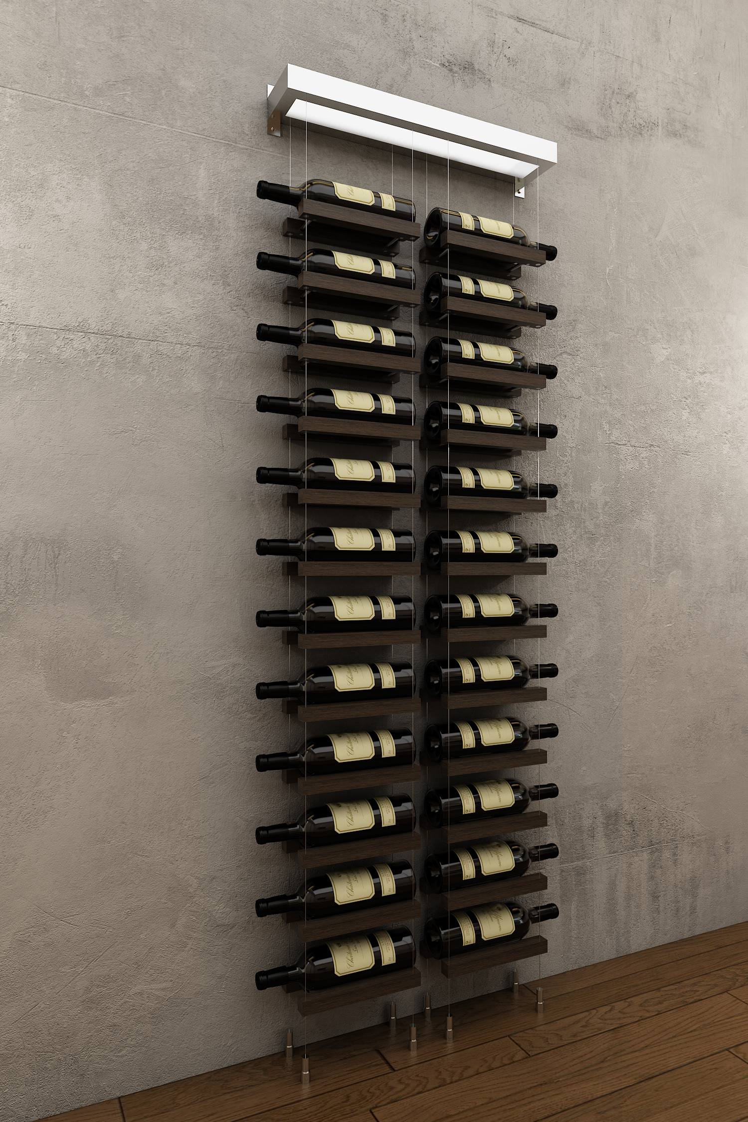 24 bottles double column one bottle deep wall mounted BUOYANT® cable wine rack (chrome hardware)