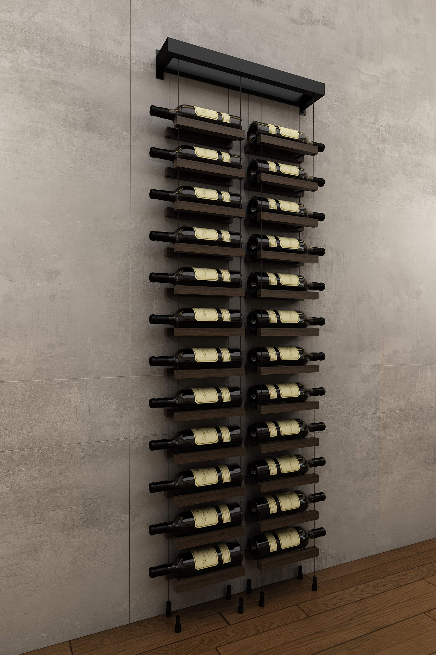 24 bottles double column one bottle deep wall mounted BUOYANT® cable wine rack (matte black hardware)